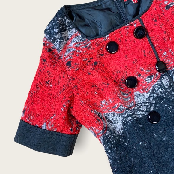 Vintage Ladies’ Wool Designer Red/Black “Spun Yarn” Short Sleeve Midi Dress 0/2 - Picture 2 of 16